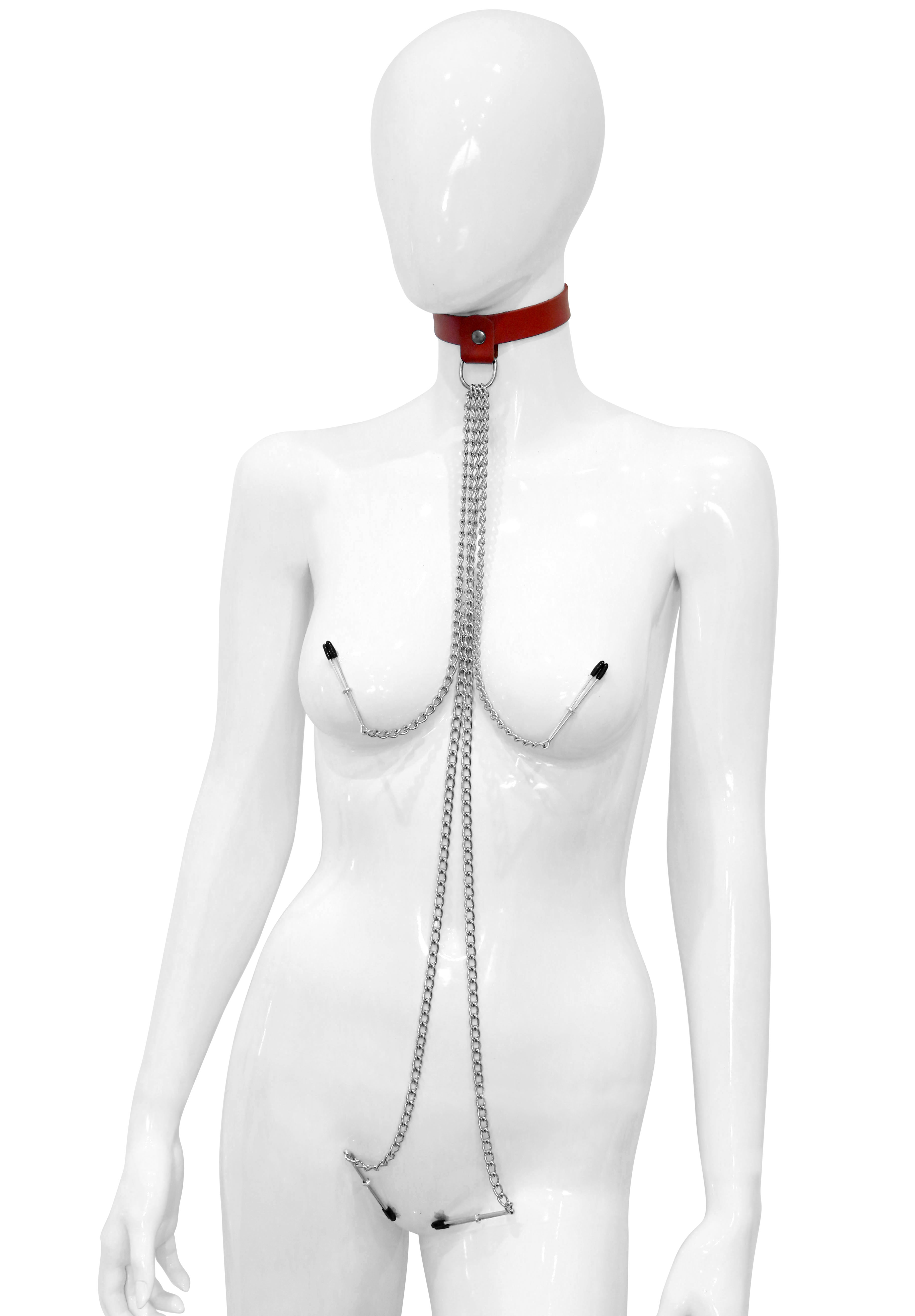 Halsband mit Ketten und Klammern Rot